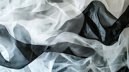 Black and white sheer fabric draped in elegant folds.