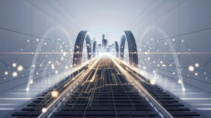Digital illustration of glowing railway system with AI-driven circuits and futuristic cityscape – Ideal for technology, business innovation, or AI transportation themes.