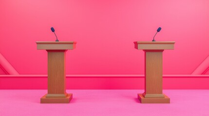 Two Wooden Podiums with Microphones on Bright Pink Background