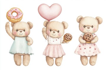 Fototapeta premium Cute Teddy Bears with Treats and Balloon in Pastel Colors