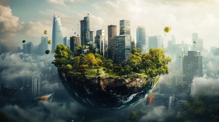 A floating earth island featuring city buildings and greenery