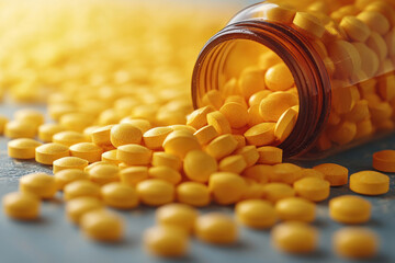 glass bottle from which numerous yellow tablets have spilled.  conveys associations with medicine, pharmaceuticals, vitamin supplements and health.