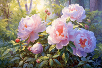 delicate lush peonies with petals of pastel shades - from white to light pink.  