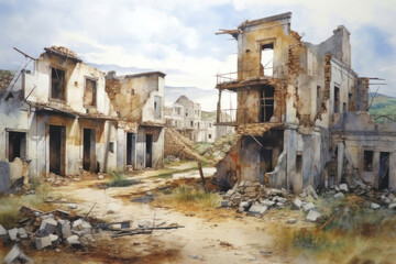 ruins of a destroyed city. Dilapidated buildings with broken windows, collapsed walls and protruding remains of structures create an atmosphere of desolation and abandonment.  