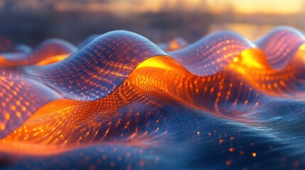 Abstract digital waves of glowing orange and dark blue data flowing across a surface.