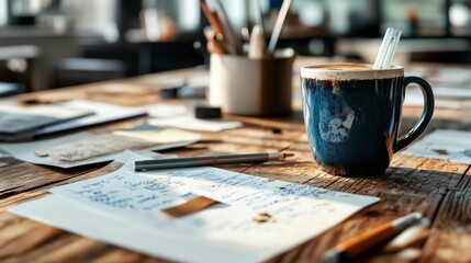Cozy workspace with a blue mug, papers, and writing tools in a well-lit environment during the afternoon