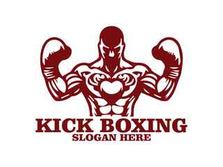 illustration kick boxing of a boxer in a fighting stance with raised gloves against, kick boxing  of a boxer with muscular build, raised gloves  background. Fitness and sports concept and logo vector