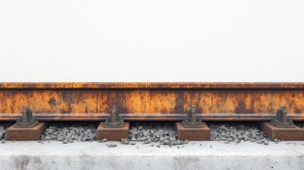 Rusty railway tracks against a white wall.