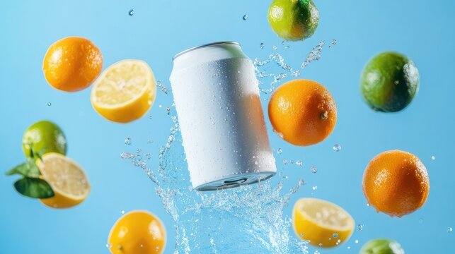 Refreshing beverage can surrounded by citrus fruits in mid-air splash