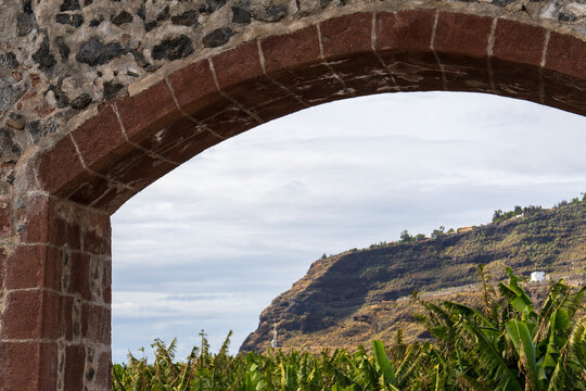 La Palma island Canary archipelago Spain  view of Tazacorte arches of the lavaderos with banana plantations