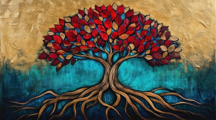 Abstract artwork of a vibrant tree with rich red and gold leaves on a textured background of teal and gold.