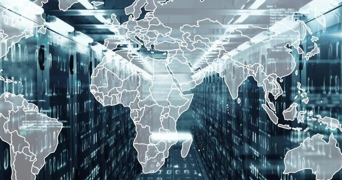 In technology center, animation of world map overlaying data servers in use