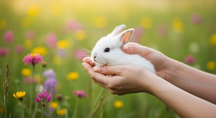 Woman gently holds fluffy white bunny in her hands surrounded by beautiful flowers. Concept of love, care and spring holidays for greeting message card