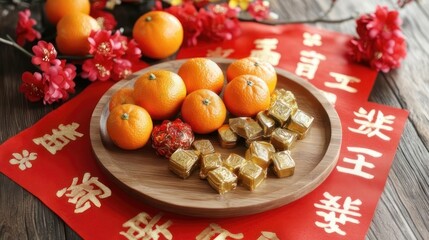 Festive Lunar New Year offering of mandarins and gold-wrapped candies