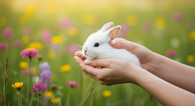 Woman gently holds fluffy white bunny in her hands surrounded by beautiful flowers. Concept of love, care and spring holidays for greeting message card