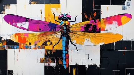 Vibrant dragonfly art piece on a colorful, geometric backdrop.
