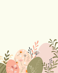 Spring and Easter illustration with eggs, flowers, twigs and leaves. Hand drawn composition in pastel colors. Joyful template for banner, card and poster