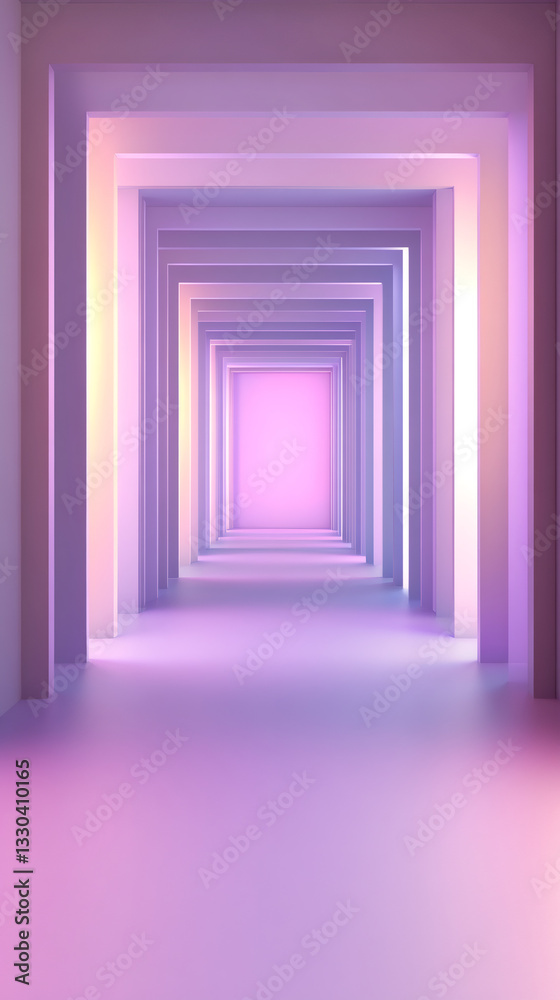 Poster featuring an empty corridor illuminated by vibrant purple and orange lights, creating a striking van