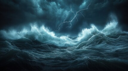 Powerful storm at sea with thunder and lightning.