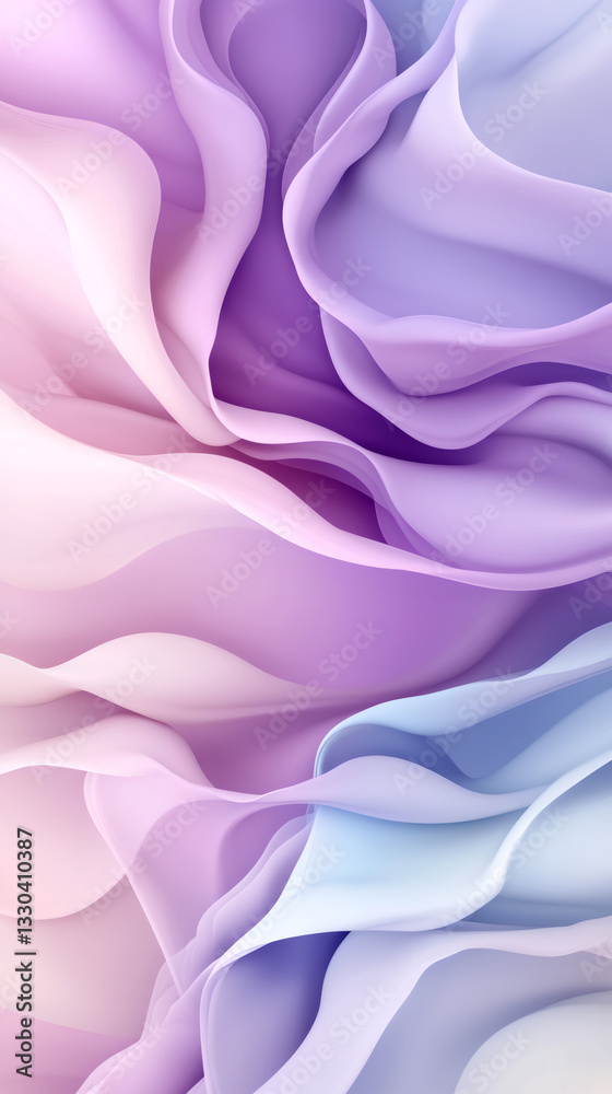 Poster Pastel waves intertwining softly, blending abstract shapes with delicate color gradients into harmonious, calming visual composition