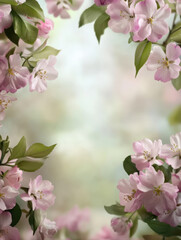 Obraz premium A fresh, inviting spring scene, surrounded by blooming flowers in delicate shades of pink and lavender, vibrant green leaves, and soft sunlight