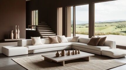 A contemporary living room with deep brown walls and a white sofa with soft beige cushions