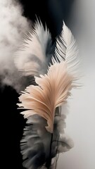 Naklejka premium White and beige watercolor feather art on black background