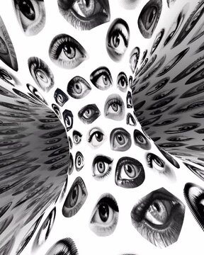 Paranoia Room Many Eyes Spinning in space, being observed, animated abstract concept in black and white looping animation, mental health