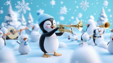 Cute penguins playing musical instruments in a snowy winter scene