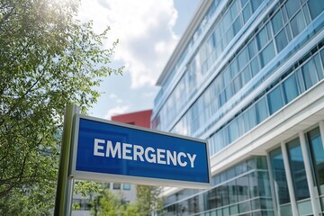 Obraz premium Bright red emergency signage prominently displayed outside a modern healthcare facility during daytime.