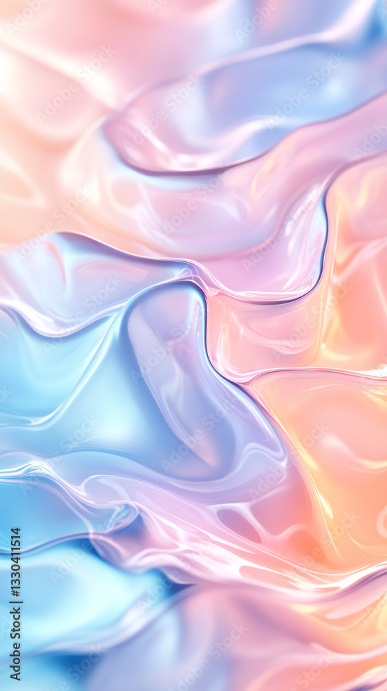 Poster pastel holographic colors merging smoothly, flowing like liquid and generating dynamic, iridescent v