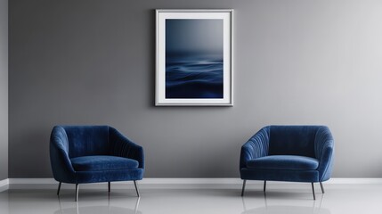 Fototapeta premium A contemporary lounge with cool grey walls and two royal blue velvet chairs