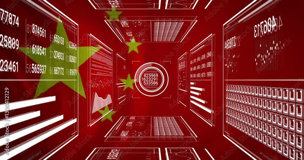 Poster chinese flag elements with digital data and analytics in animation on red background