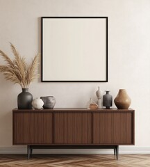 Modern minimalist interior with sideboard, vases, pampas grass, and blank square frame mockup.
