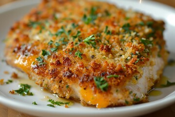 Crispy baked breaded chicken on white plate. AI image
