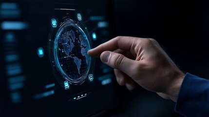 Wide-Angle View of Hand Interacting with Sprawling Holographic AI Network Across Digital Globe