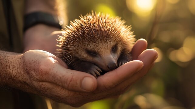 Close up shot of baby echidna puggle resting gentle hand of wildlife conservationist puggles soft pinkish skin detailed fine wrinkle emphasizing delicate nature Warm sunlight filter through nearby