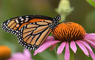 Obraz premium Monarch butterfly feeding on purple coneflower.