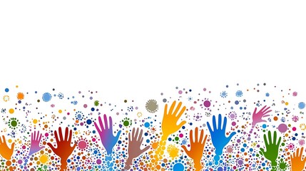 Diverse hands raised in unity, hope in festive ambience