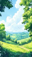 A serene animated landscape of rolling hills and lush greenery