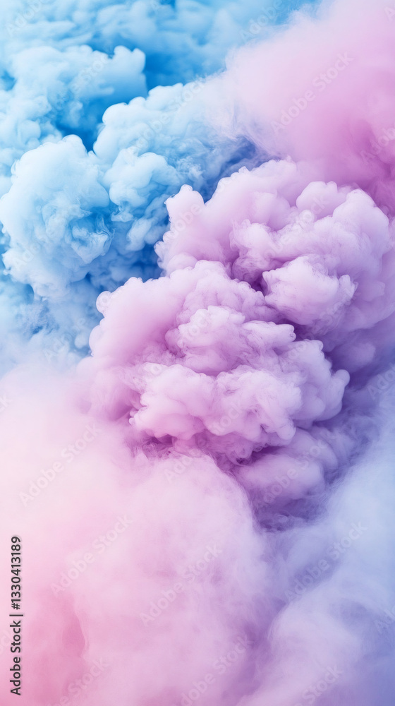 Poster Swirling pink and blue smoke clouds generating ethereal atmosphere, blending abstract shapes with dynamic, vibrant textures