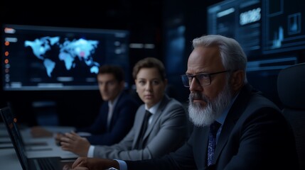 Diverse Business Team Analyzing Holographic AI Data Projections in Modern Boardroom