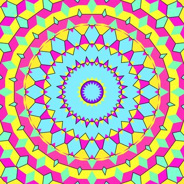 Bright geometric kaleidoscope with neon mandala patterns and vibrant rainbow colors. Seamless square animation loop ideal for techno events, rave visuals, and colorful backgrounds.