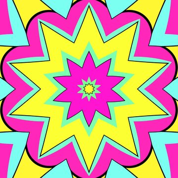 Vibrant kaleidoscope mandala with bright geometric patterns in neon colors. Perfect seamless square loop for VJ performances, streaming backgrounds, and abstract visual content.