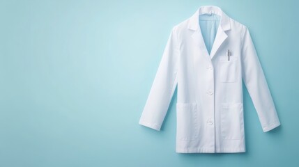 White lab coat, hanging against a light blue background