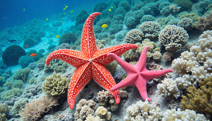 Colorful coral and starfish interaction in vibrant underwater paradise, marine life