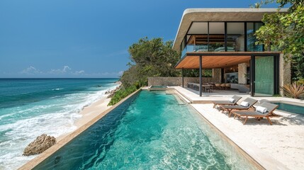 Fototapeta premium A private beachfront villa with a personal pool, white sand, and ocean waves.