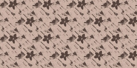 Mocha brown linen floral patterns seamless patterns border design. Endless textured flower graphic ribbon edge. Mottled soft natural calm mood for cottage core banners.