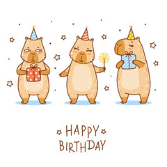 Greeting card with cute сartoon capybaras isolated on white background - funny animals for Your Birthday design