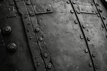 Close-up of riveted metal surface with scratches. AI generated